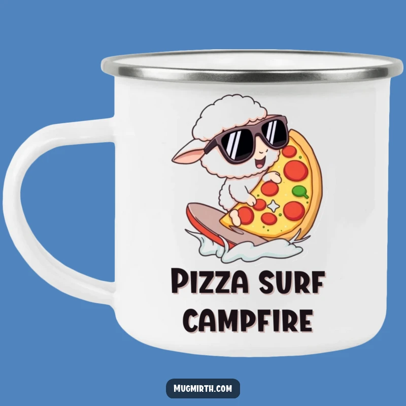 Funny Pizza Surfing Sheep Camping Mug: Outdoor Pizza Fun, Perfect Funny Gift