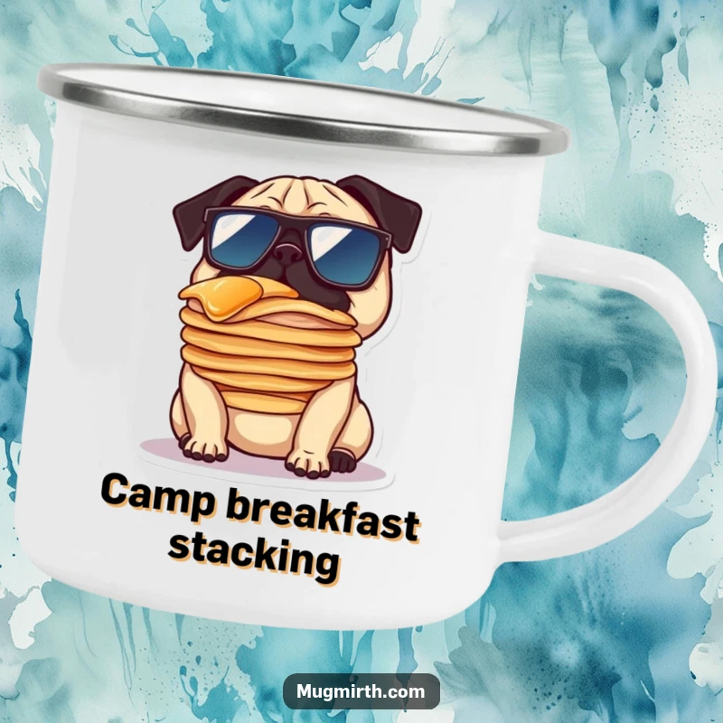 Funny camping mug illustration of a pug wearing oversized sunglasses, balancing pancakes on its nose, perfect for outdoor sipping.