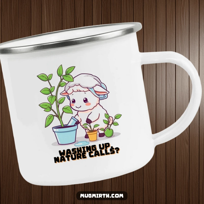 Funny sheep wearing a shower cap, watering a plastic plant, on an enamel camping mug, perfect for outdoor humor, funny gift.