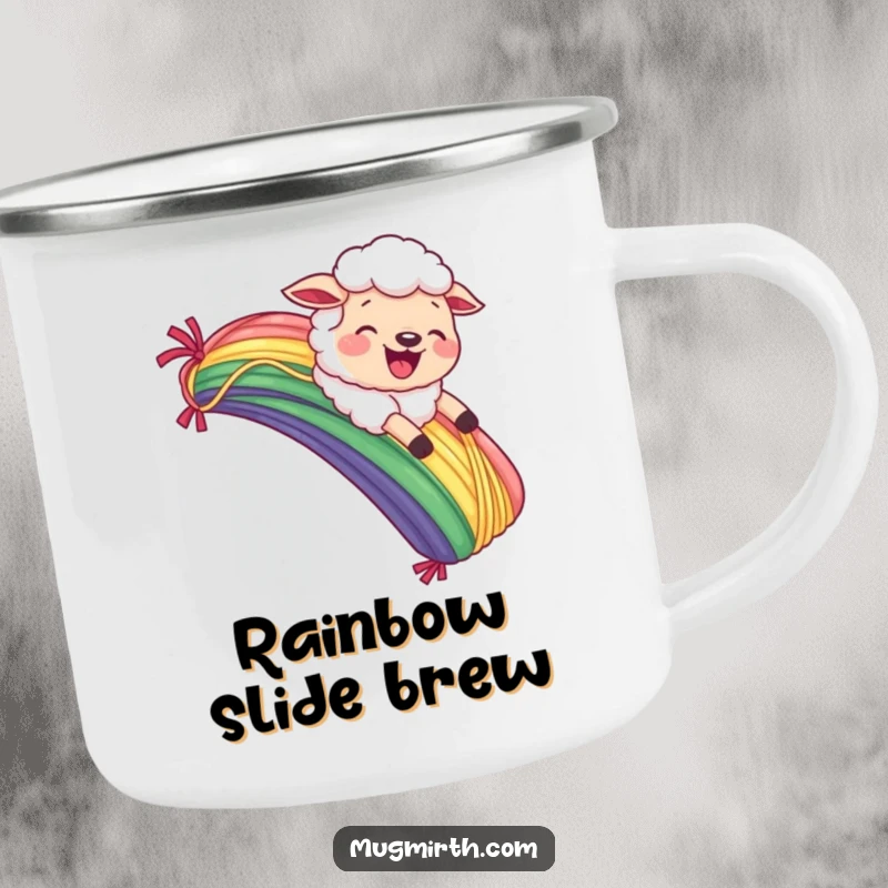 Funny Sheep Camping Mug: Durable mug with a joyful sheep sliding down a yarn rainbow with a comical grimace.