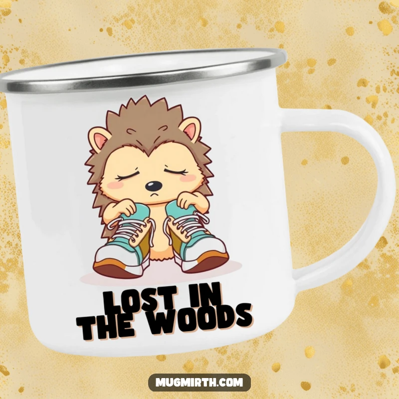 Funny Sleepy Hedgehog Camping Mug: A confused hedgehog fumbles with oversized sneakers, ready for the outdoors.