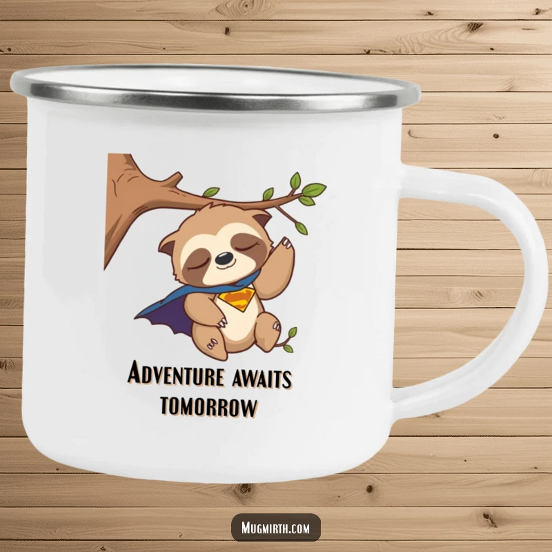 Funny Camping Mug: A sleepy sloth superhero, cape askew, humorously about to fall off a tree branch in the wild.