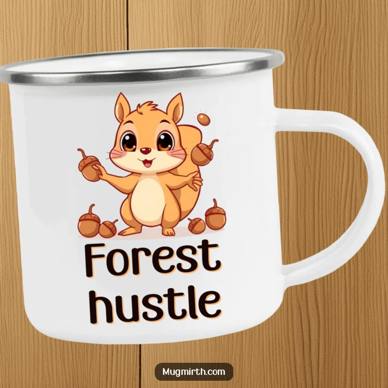 Funny camping mug illustrating a squirrel's comical struggle to juggle numerous acorns with wide, frantic eyes.
