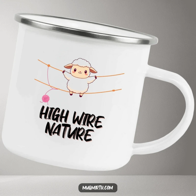 Funny sheep camping mug, fluffy, walking a clothesline tightrope, yarn unraveling, a humorous and rugged outdoor mug.