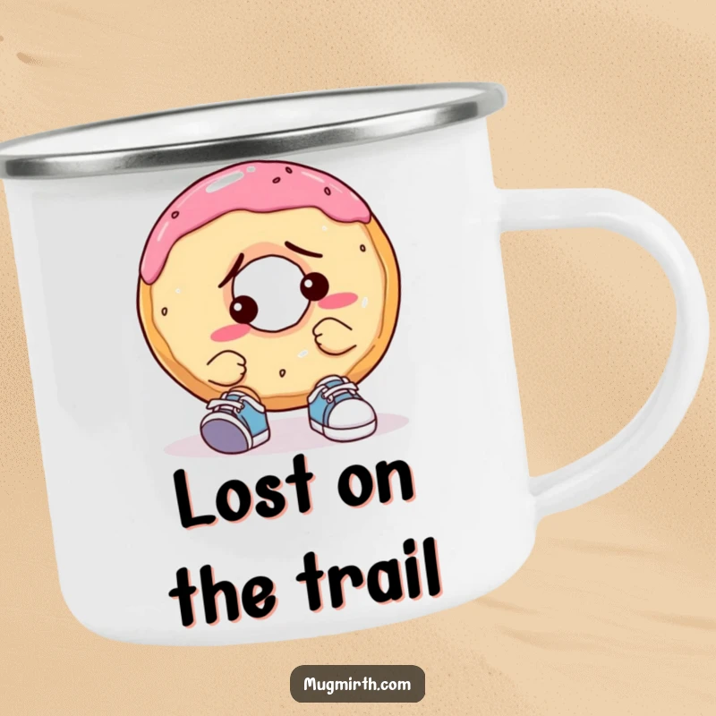 Funny Confused Donut Camping Mug: An enamel mug with a funny donut looking puzzled while attempting to wear comically small shoes.