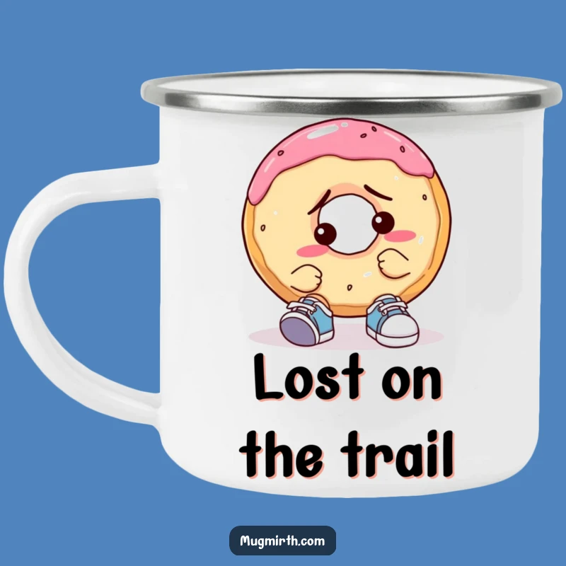 Funny Confused Donut Camping Mug: Tiny Shoe Trouble enamel mug, a hilarious outdoor gift.