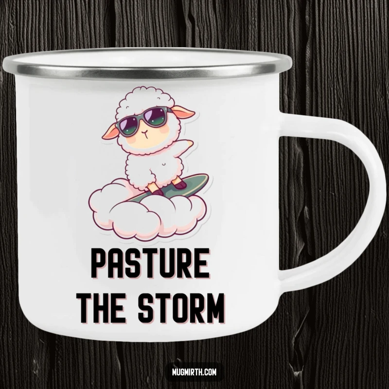 Funny camping mug with a cool sheep in sunglasses surfing a cloud, great for outdoor enthusiasts who love humor.