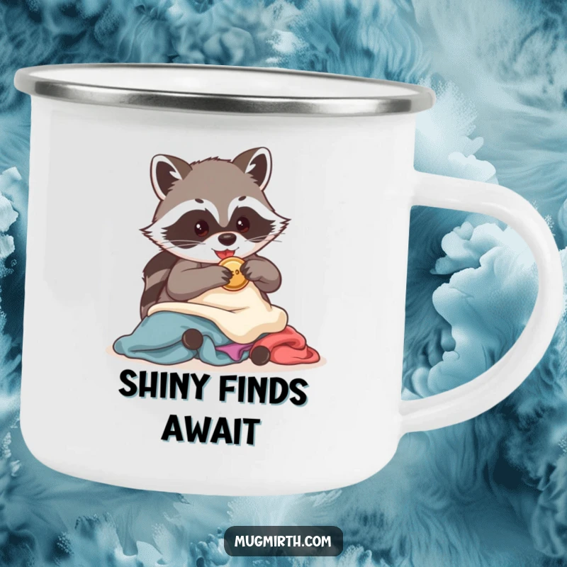 Funny Raccoon Camping Mug: A raccoon heroically steals a shiny button during a camping trip, perfect for outdoor humor.