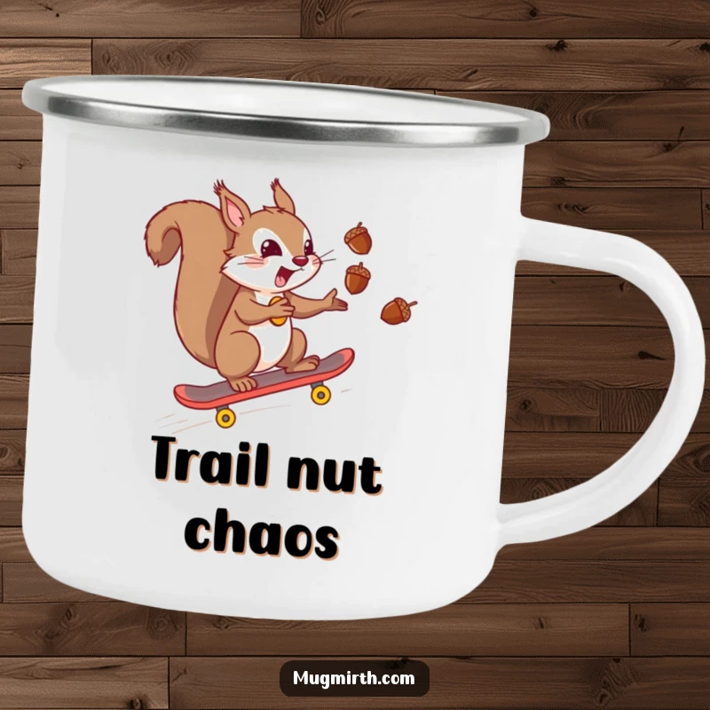 Funny mischievous squirrel juggling acorns while skateboarding downhill, perfect for outdoor use. A durable and funny camping mug.