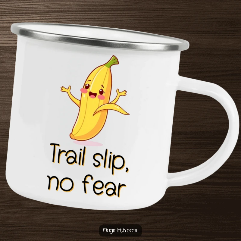 Funny Banana Slip Camping Mug: A cheerful banana cartoonishly flails while slipping on its peel, ready for the outdoors.