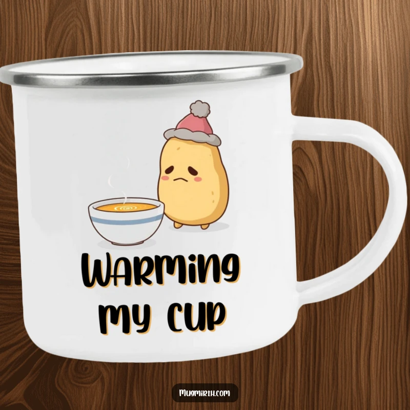 Funny Sad Potato Camping Mug: Durable mug with a sad potato in a hat, wistfully eyeing a steaming bowl of soup.