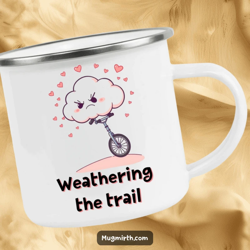 Funny Camping Mug: A grumpy cloud humorously riding a unicycle downhill, raining small hearts in the wild.