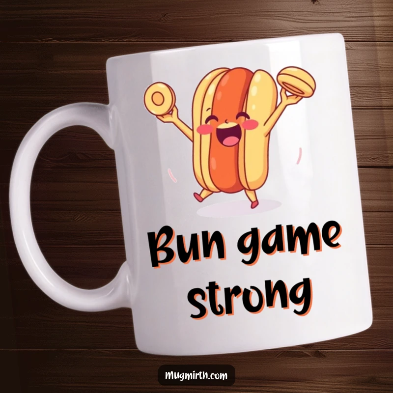 Funny Happy Hot Dog Mug: A beaming hot dog happily juggles its own bun with a joyful expression and colorful condiment details.