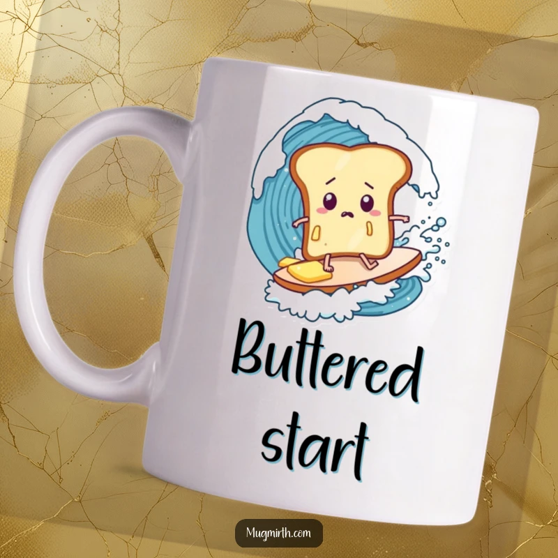 Funny toast mug, butter dripping, bewildered expression, attempting to surf a giant wave, a comical breakfast water sport scene.