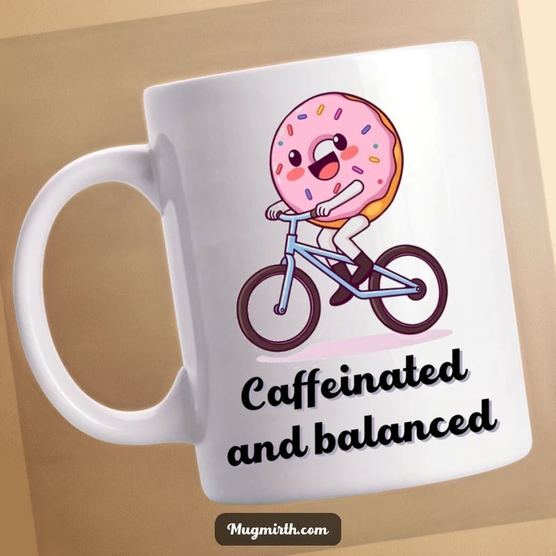 Funny donut mug, a donut character enthusiastically riding a tiny unicycle, comically wobbling, full of sugary determination.