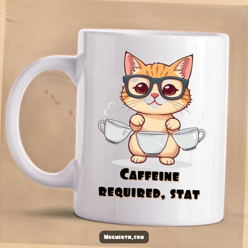Funny cat mug, wearing large glasses, precariously juggling three spinning teacups, a chaotic and amusing feline performance.