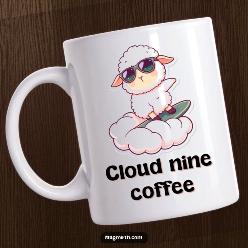 Funny mug showing a fluffy sheep wearing sunglasses, hilariously surfing on a cloud, a whimsical and cool accessory.