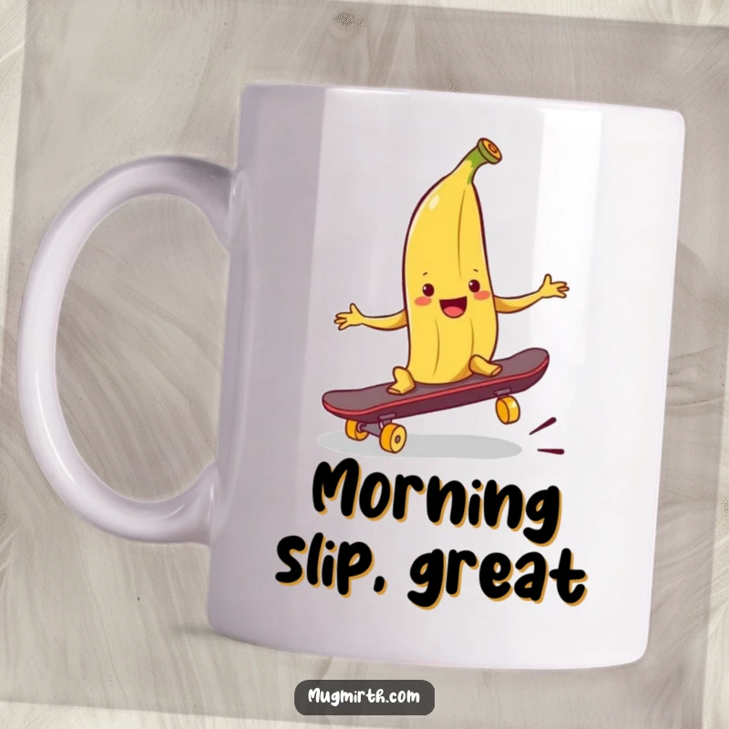 Funny smiling banana peel hilariously attempting to trip a skateboard, embodying playful mischief.