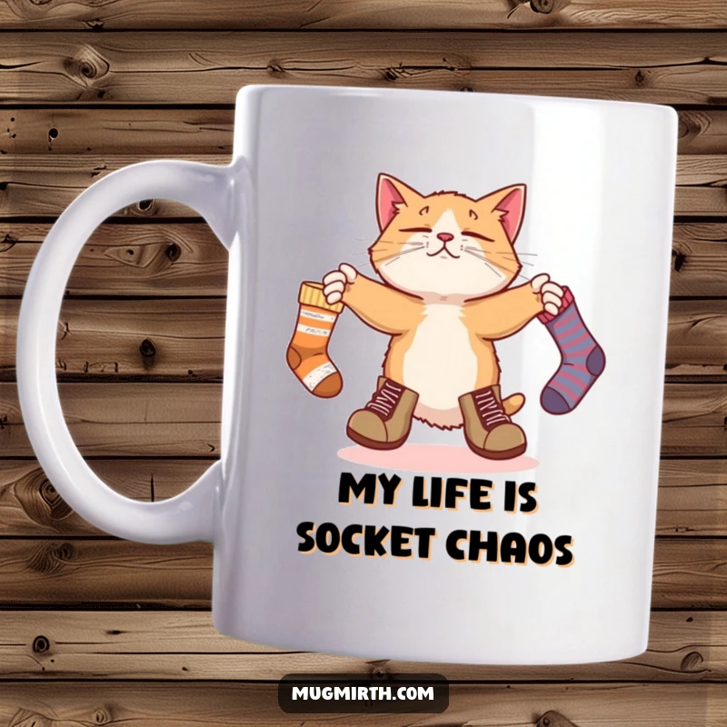 Funny cat in big boots trying to juggle socks, looking bewildered, perfect for a coffee mug.