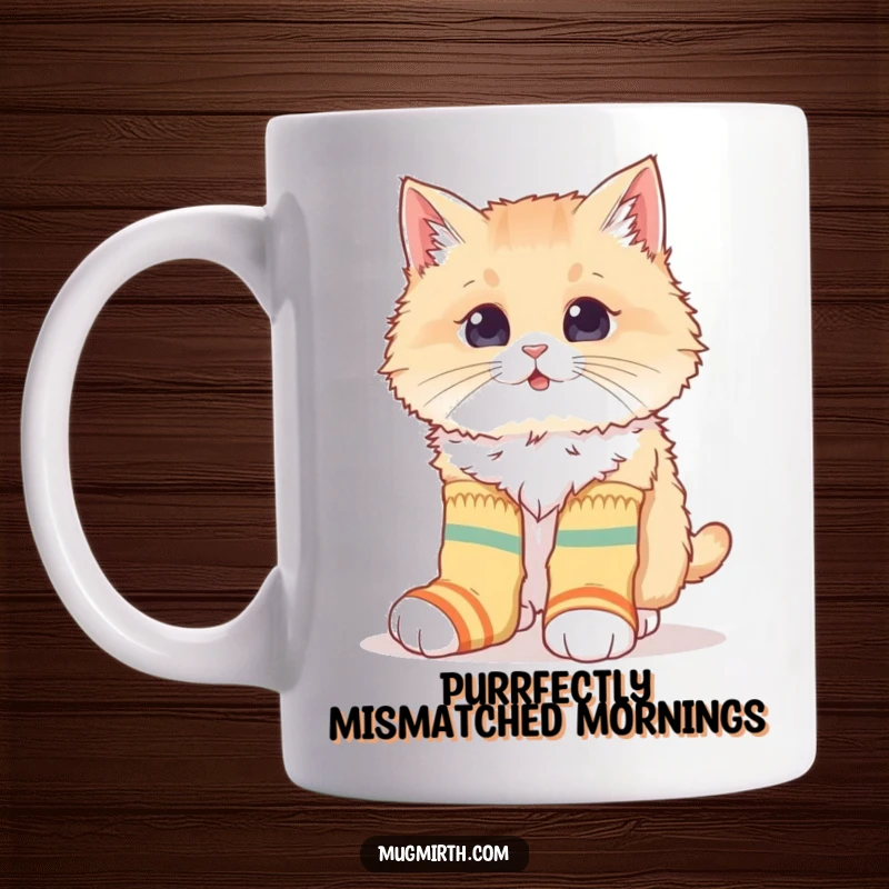 Funny mug shows a fluffy cat hilariously trying to wear oversized, mismatched socks, embodying a clumsy and comical fashion attempt.
