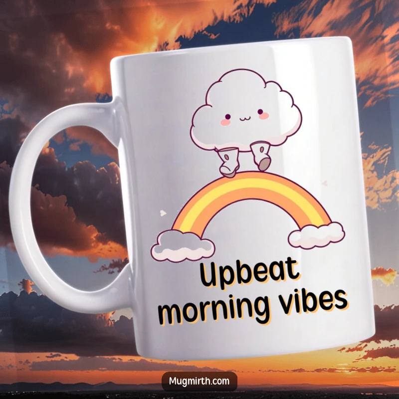 Funny fluffy cloud character excitedly leaping over a vibrant rainbow while wearing tiny boots. A dreamy and funny mug.