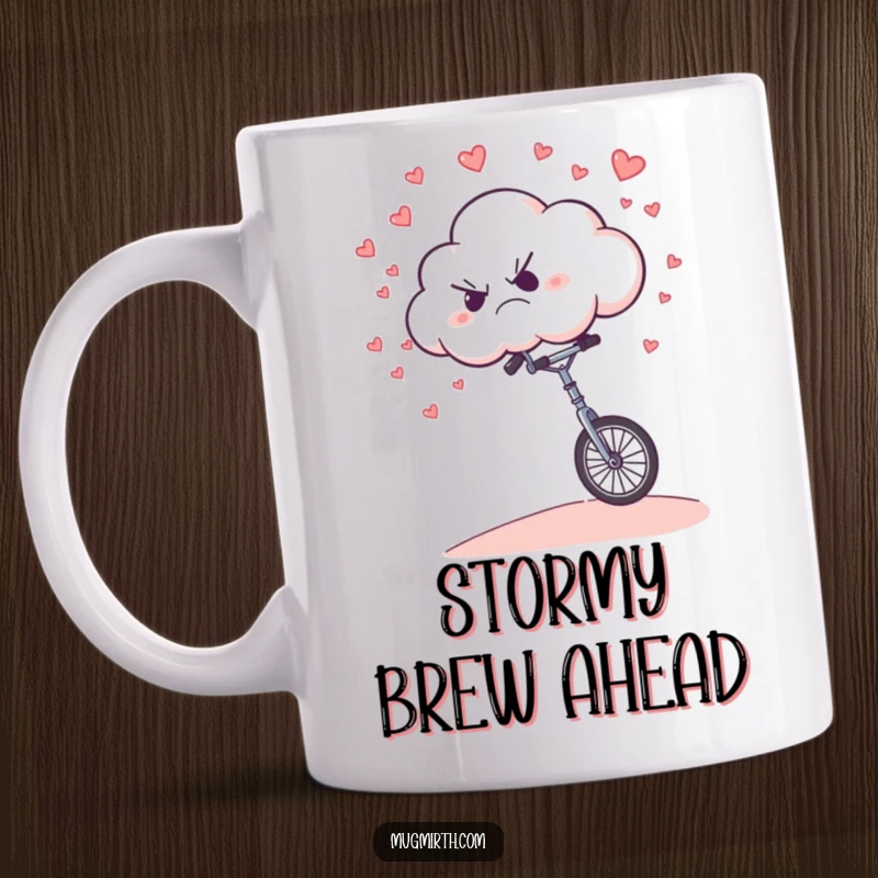 Funny Mug: A grumpy cloud comically riding a unicycle downhill, unexpectedly raining small heart shapes.
