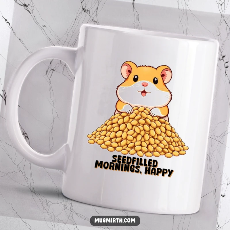 Funny hamster mug, looking proud while displaying a colossal pile of sunflower seeds, a true collector.