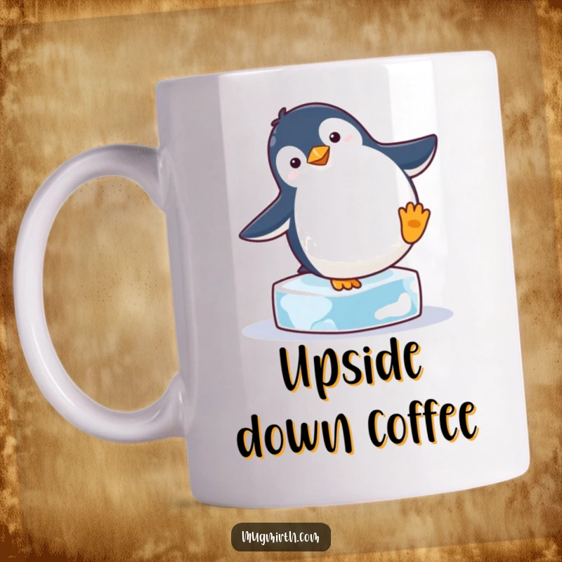 Funny, very round penguin attempting a handstand on a tiny ice cube, showcasing a humorous struggle and cute determination.