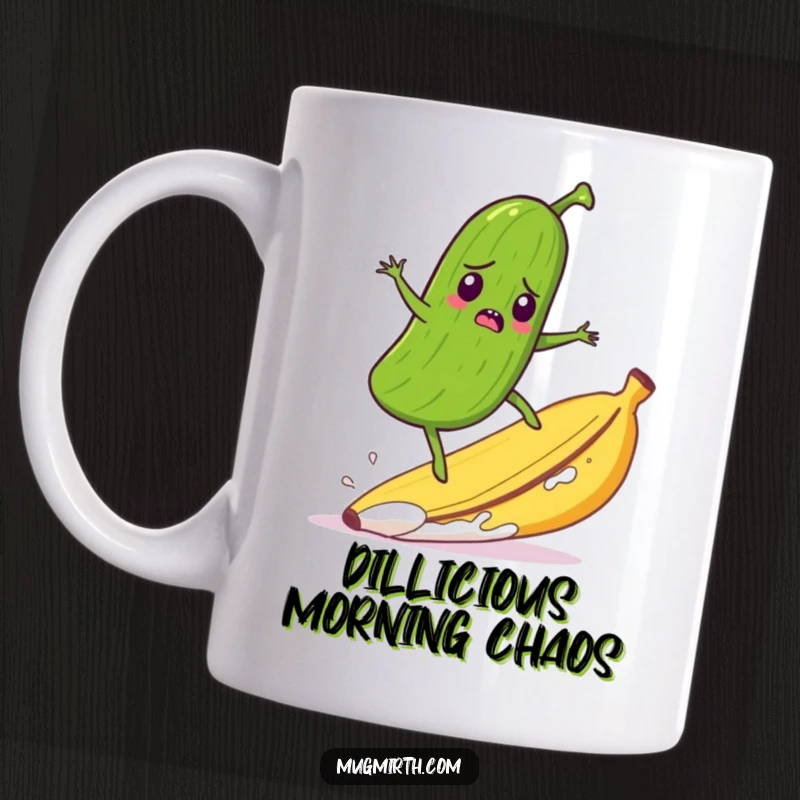 Funny mug featuring a cartoon pickle with a startled expression, comically surfing on a banana peel as it speeds away.