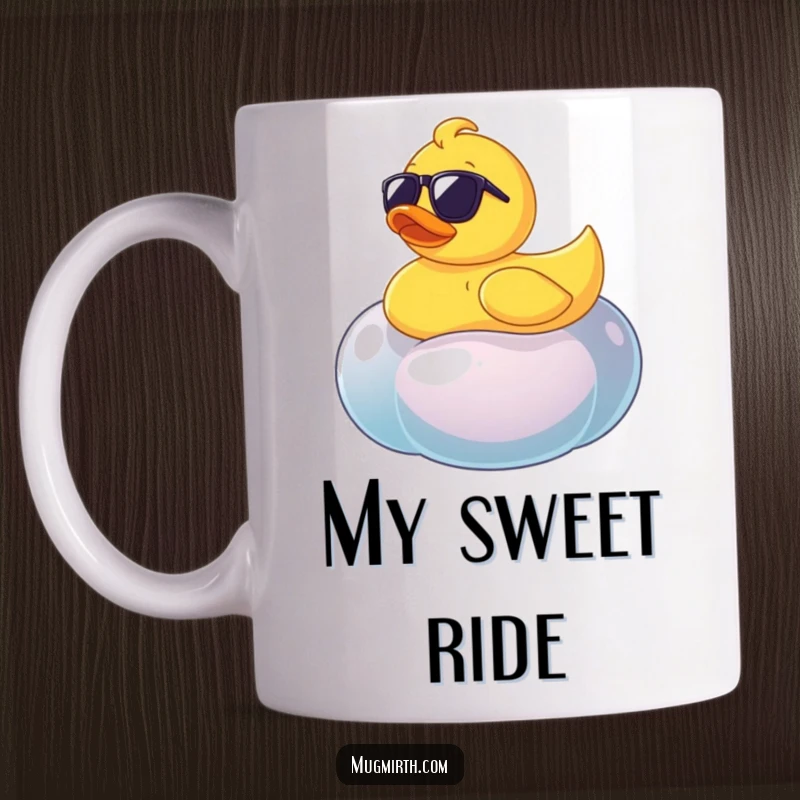 Funny rubber ducky wearing sunglasses on a wobbly jellybean, a cool and humorous scene on a mug.