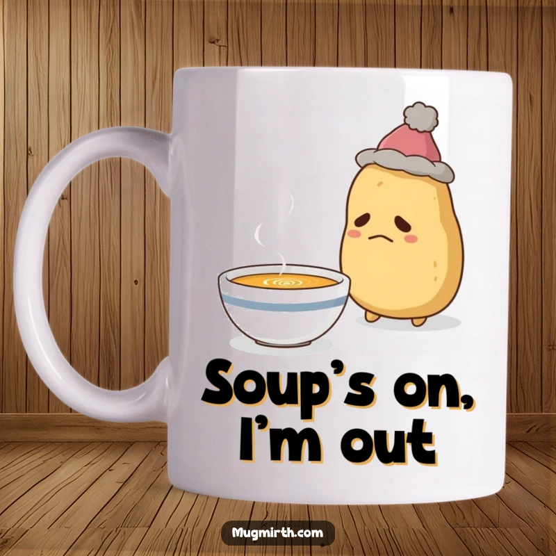 Funny Sad Potato Mug: A melancholy potato in a tiny hat gazes wistfully at a steaming bowl of soup.
