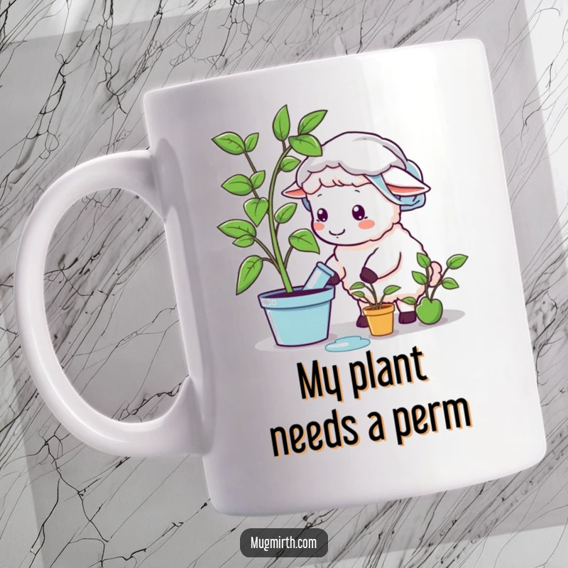 Funny sheep wearing a shower cap, hilariously attempting to water a plastic plant, spilling water everywhere, perfect gift.