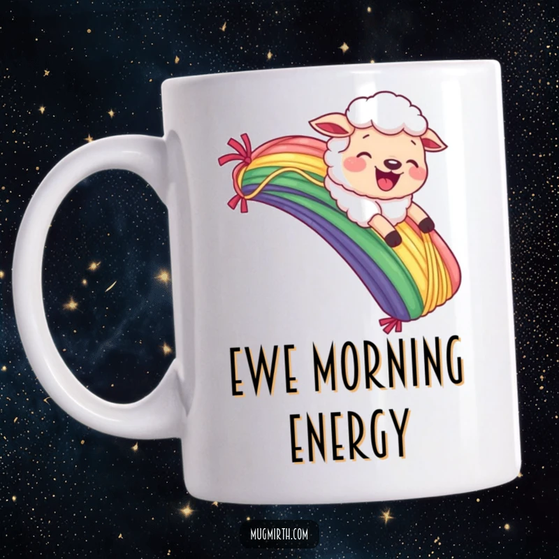 Funny Sheep Mug: A joyful sheep slides down a vibrant rainbow made of yarn with a comical grimace.