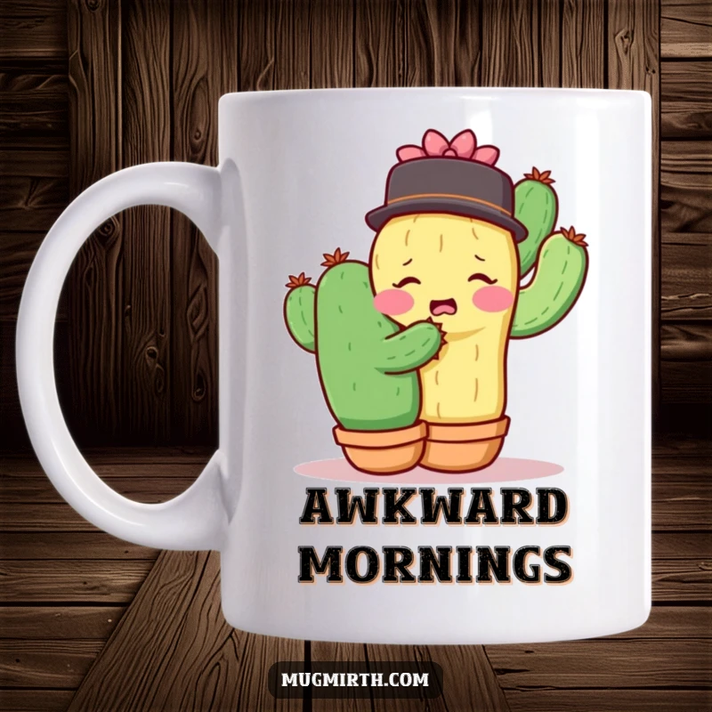 Funny shy cactus recoiling in surprise after attempting to hug another cactus, a humorous and relatable mug.
