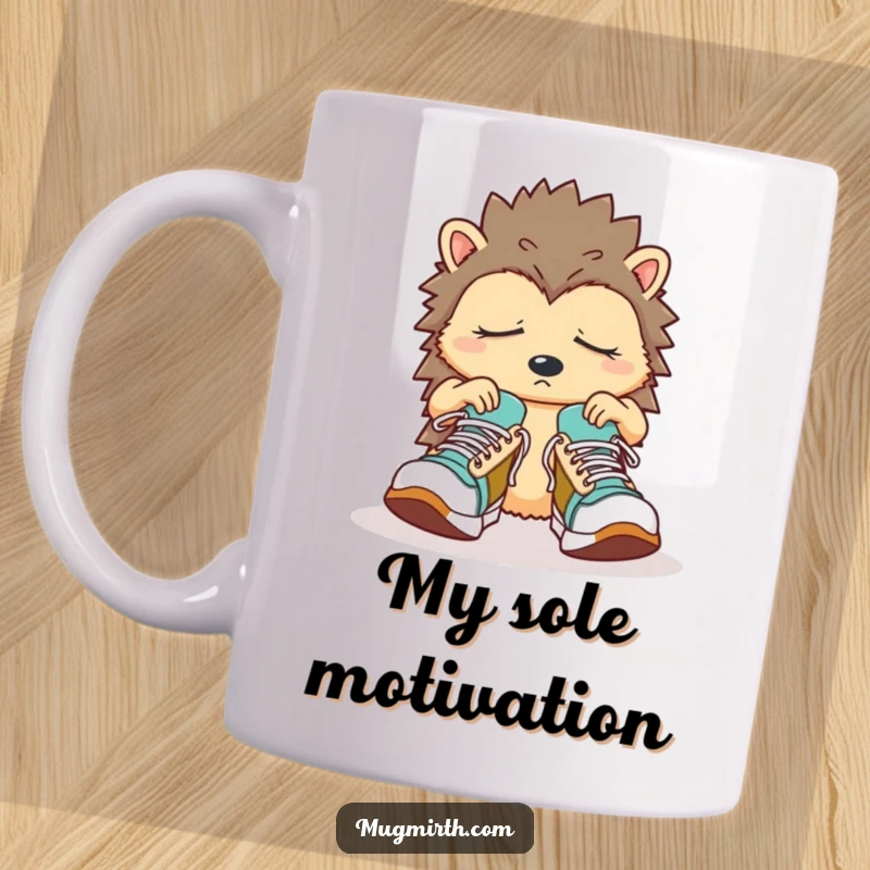 Funny Sleepy Hedgehog Mug: A confused hedgehog fumbles with oversized sneakers, embodying morning struggles.