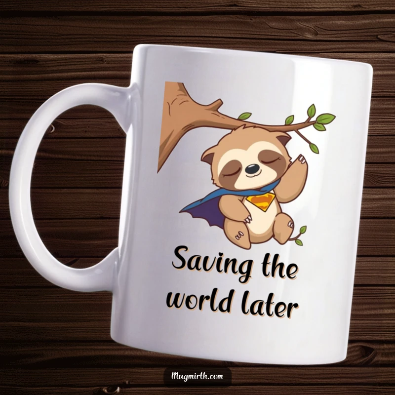 Funny Mug: Sleepy sloth superhero napping precariously on a branch, cape askew, ready for a hilarious tumble.
