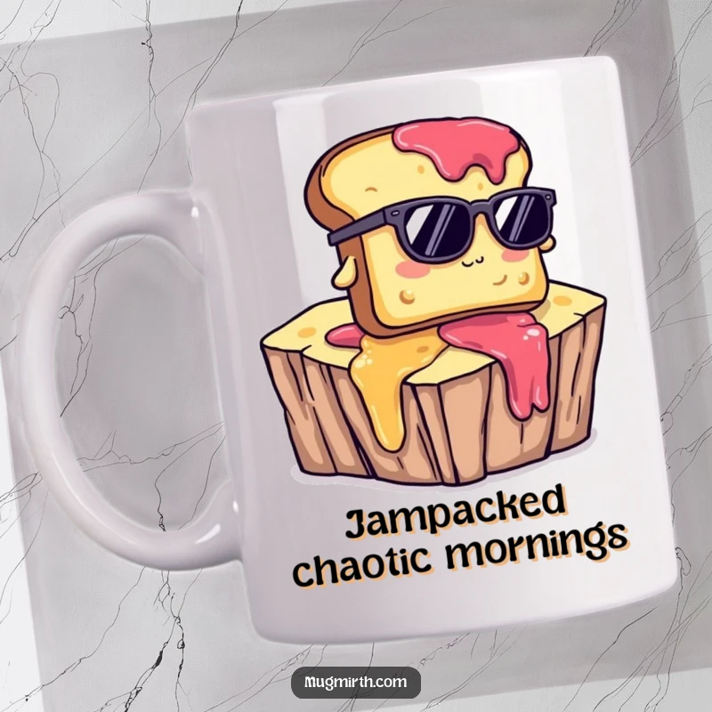 Funny mug featuring a cartoon piece of toast wearing sunglasses, comically falling off a giant dollop of jam, expressing bewilderment.