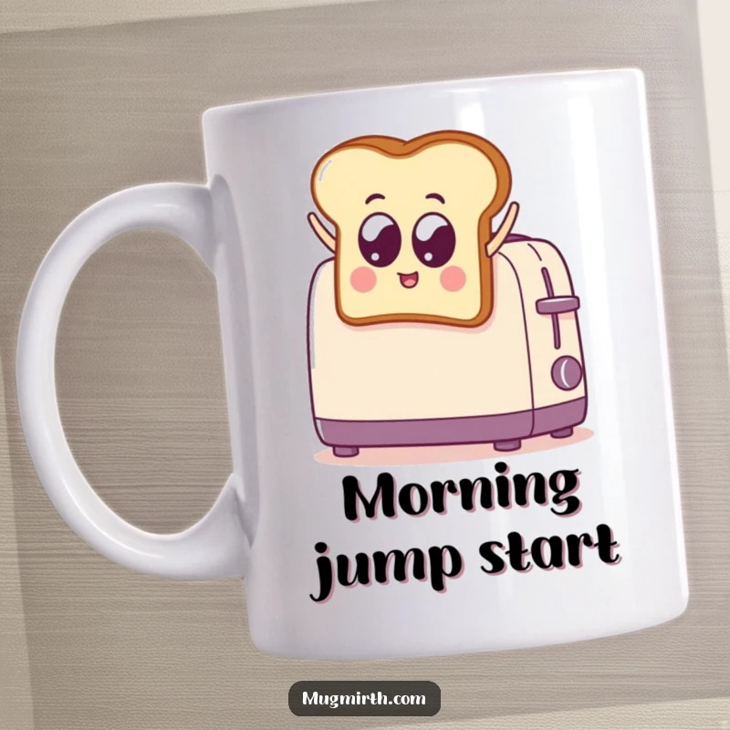 Funny Toast Jumps into Toaster Mug: A comical illustration of a googly-eyed toast slice leaping into a toaster, capturing morning urgency.