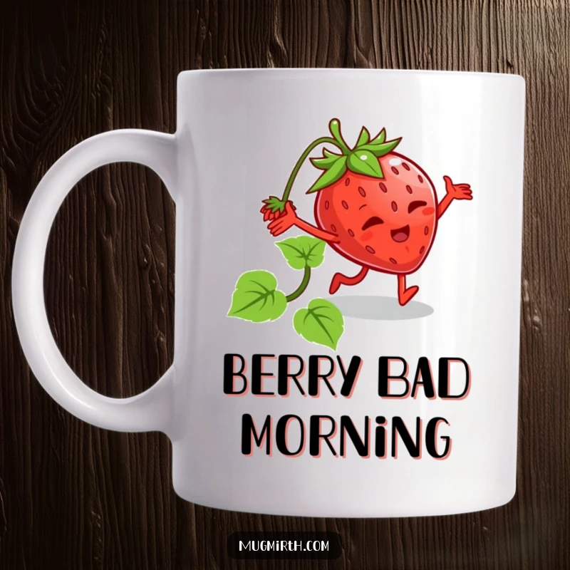 Funny tripping strawberry mug with arms and legs caught in its own vine, looking surprised. Humorous gift for clumsy people.