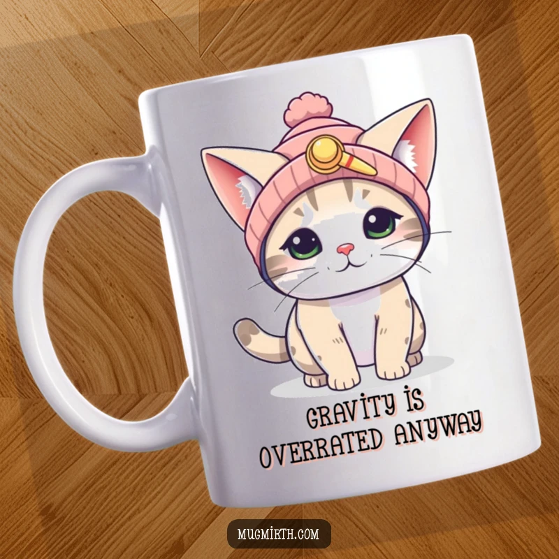 Funny Cat Mug: A cat in a propeller beanie flaps its enormous ears, attempting flight with hilarious determination and joy.