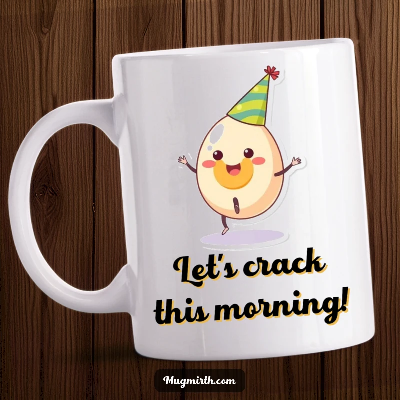 Funny mug with a smiling egg in a party hat attempting a cartwheel, radiating pure joy and silliness, a great gift.