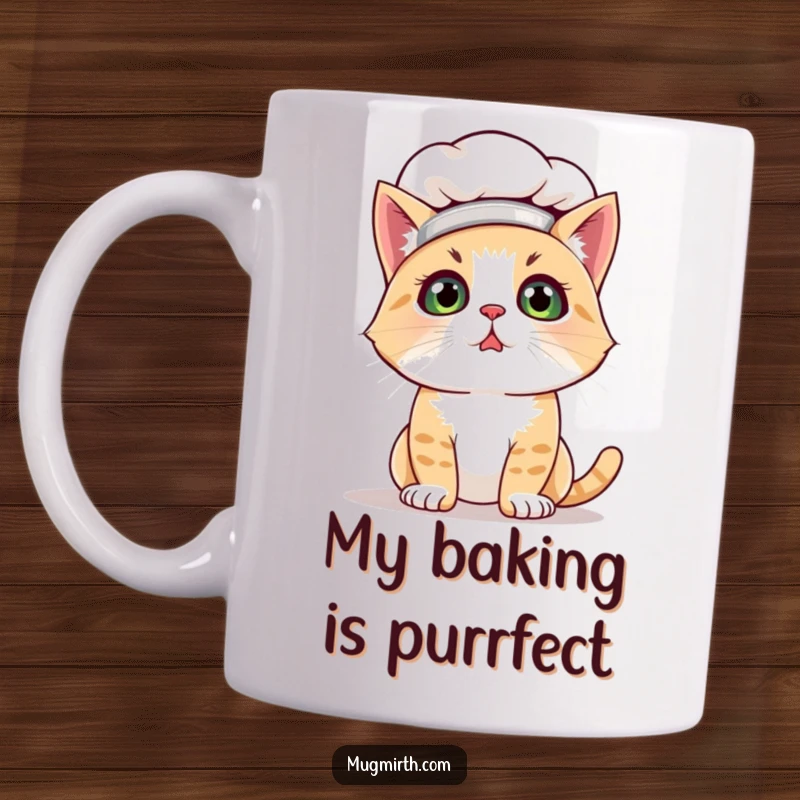 Funny cat chef mug featuring a bewildered feline in a tiny hat, covered in flour, looking utterly confused. A humorous gift for cat enthusiasts.