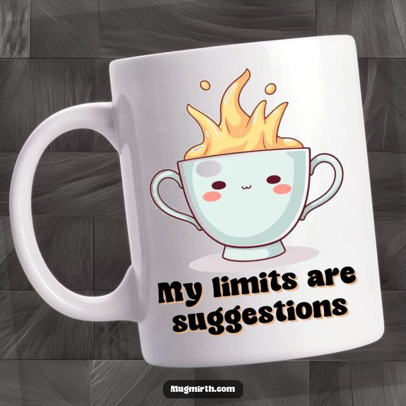 Funny Mug: A teacup with a tiny, smug grin overflowing with a dark liquid, symbolizing delightful chaos.