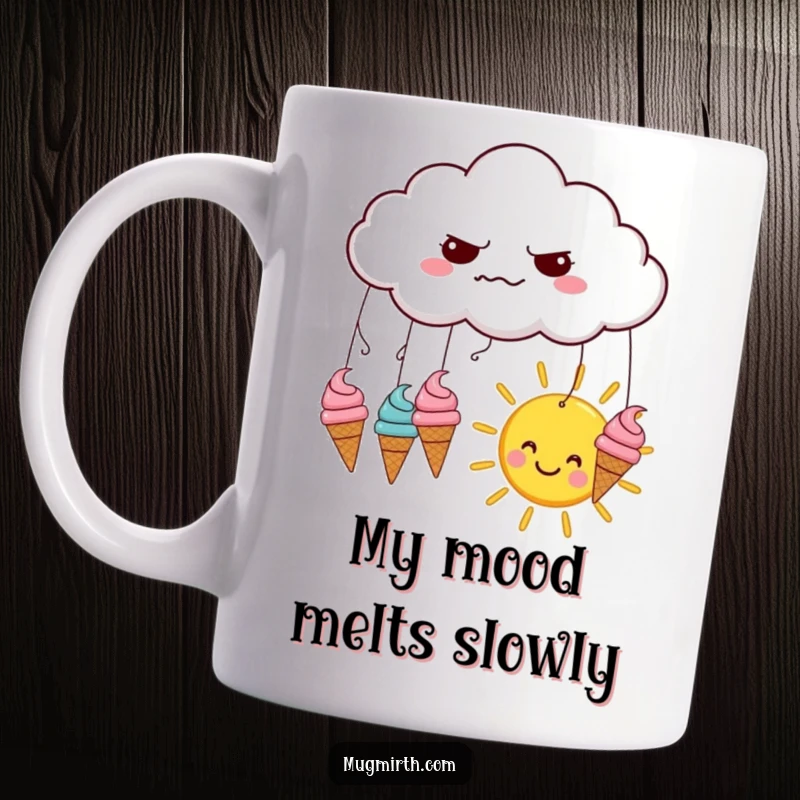 Funny mug art: a grumpy cloud rains ice cream cones onto a happy sun, depicting a whimsical weather contrast.