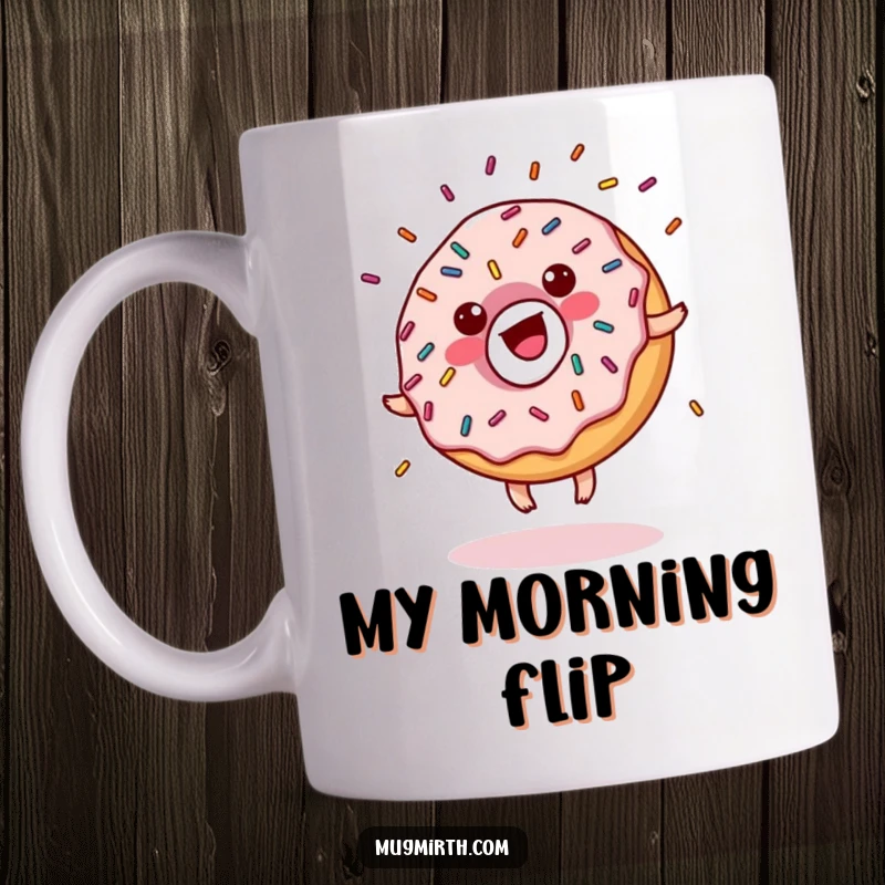 Funny donut mug with colorful sprinkles doing a cartwheel, glaze flying everywhere, a hilarious and joyful scene for pastry enthusiasts.
