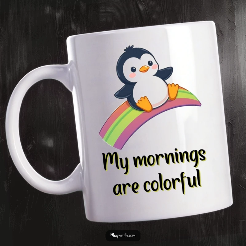 Funny Mug: A happy penguin sliding belly-first down a vibrant rainbow, printed on a cheerful mug.