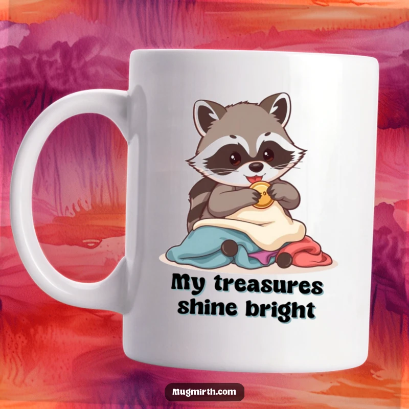 Funny Raccoon Mug: A mischievous raccoon greedily snatches a shiny button from a clothes pile, showcasing its thieving charm.
