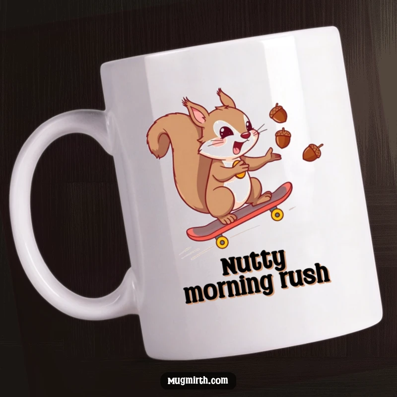 Funny mischievous squirrel expertly juggling acorns while riding a skateboard downhill at high speed. A daring and funny mug.