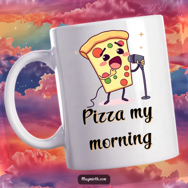 Funny opera pizza mug featuring a slice of pizza singing dramatically into a tiny microphone. Humorous gift for pizza and opera fans.