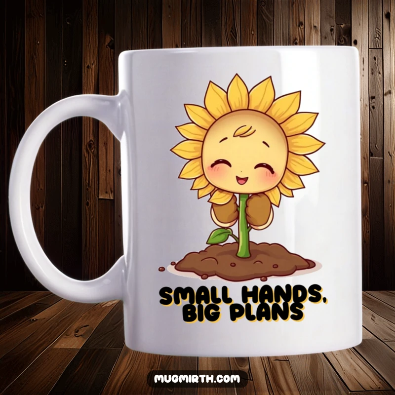 Funny Sprout Gardener Mug: A tiny sprout wears huge gloves, hilariously struggling to plant a giant sunflower seed.